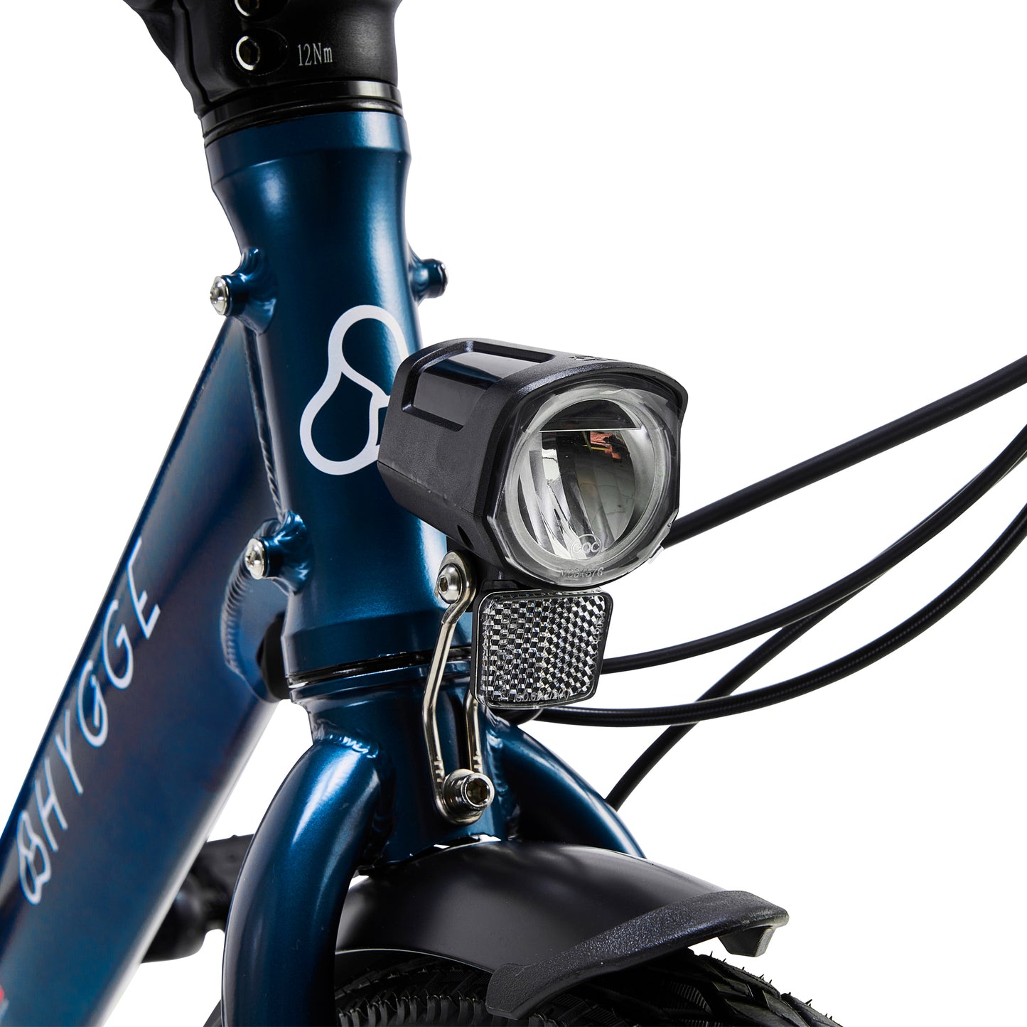 Close up product shot of the Virum Step model in Navy Blue, showing the front light.