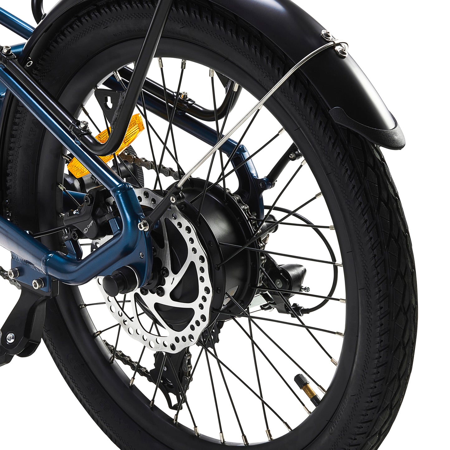 Close up product shot of the Virum Step model in Navy Blue, showing in greater detail the hydraulic disc brake.