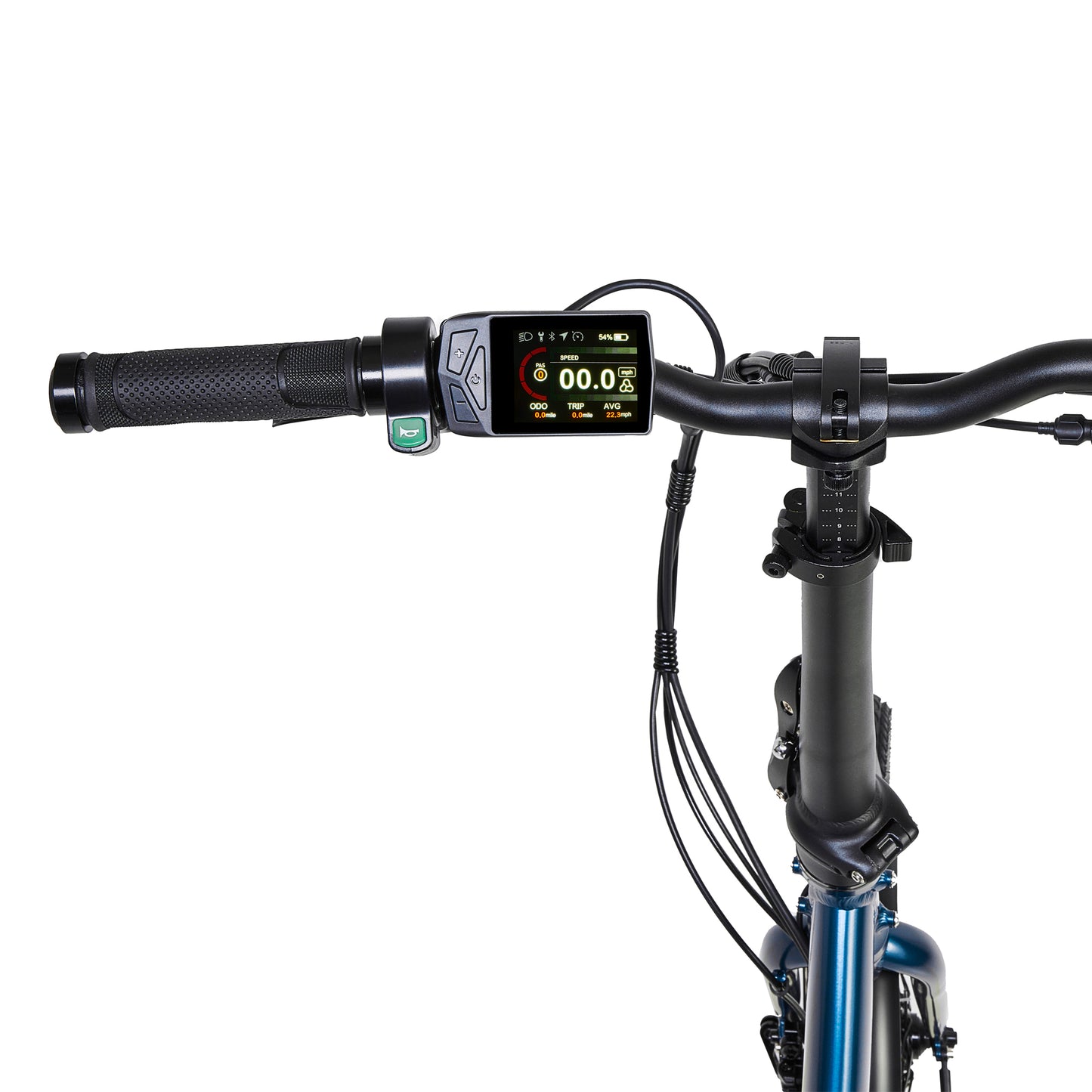 Close up product shot of the Virum Step model in Navy Blue, showing the LCD display from the rider's perspective.
