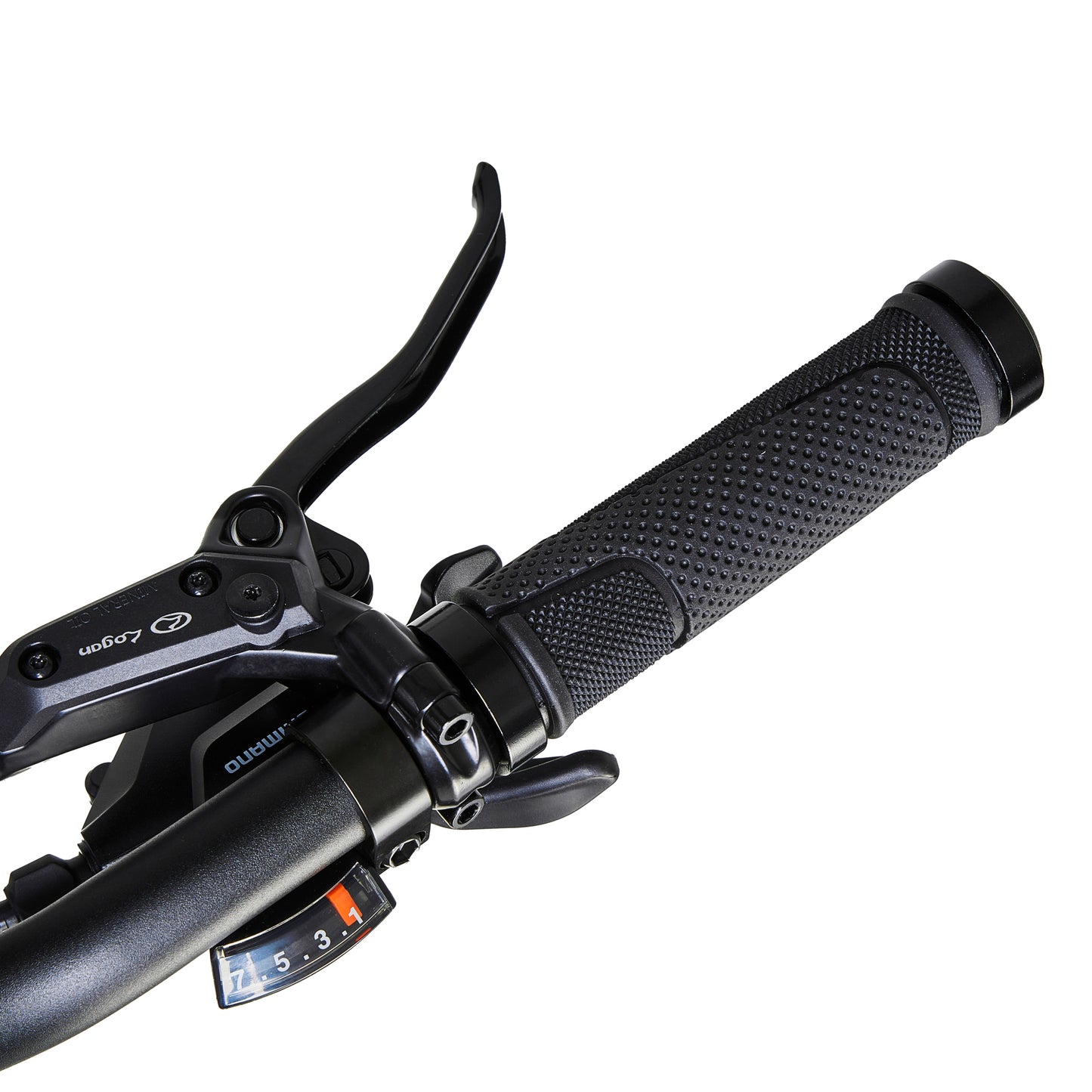 Close up product shot of the Virum Step model in Navy Blue, showing details of the shifter and the handlebar.