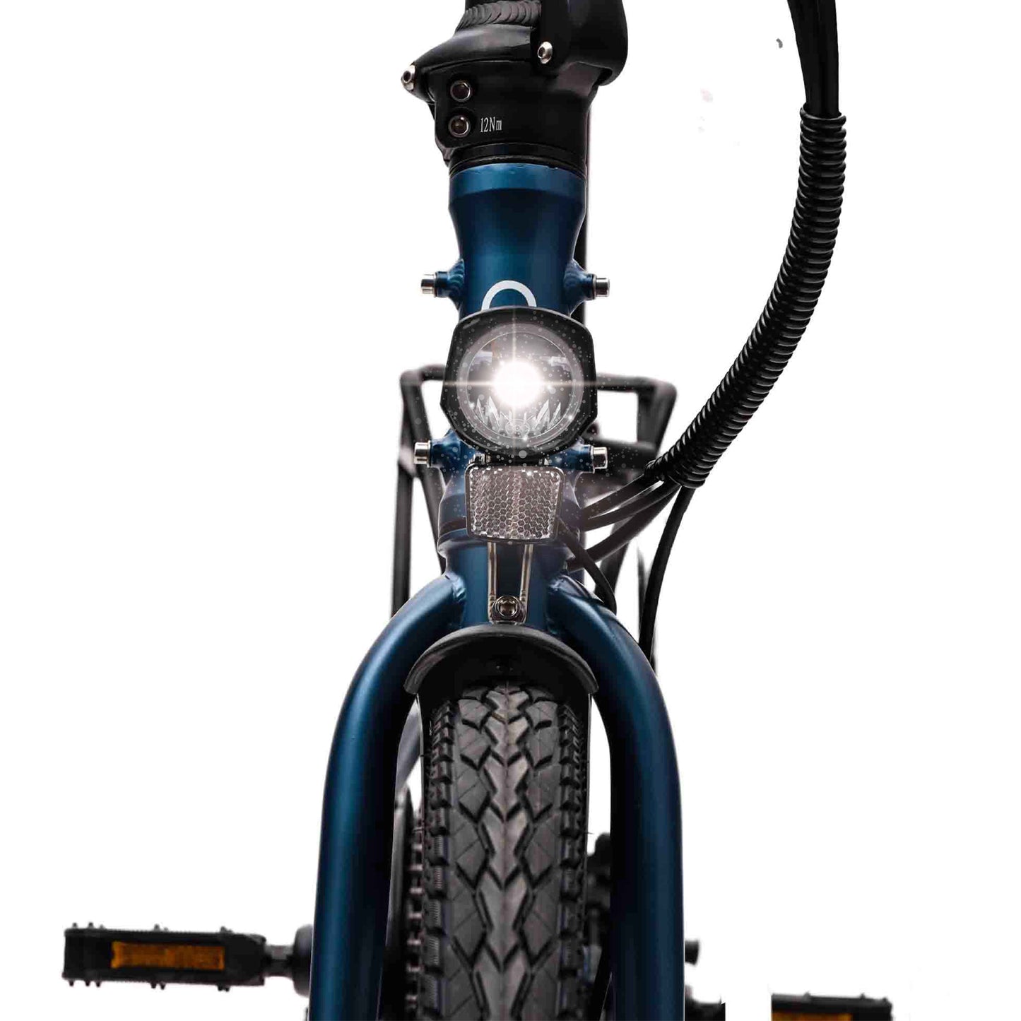 Close up product shot of the Virum Step model in Navy Blue, showing the e-bike from the front with details of the front light.