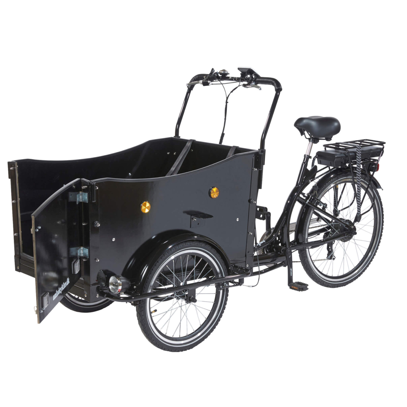 Product shot of the Amcargobike Curve Dog Friendly model, showing hinged drop door open.