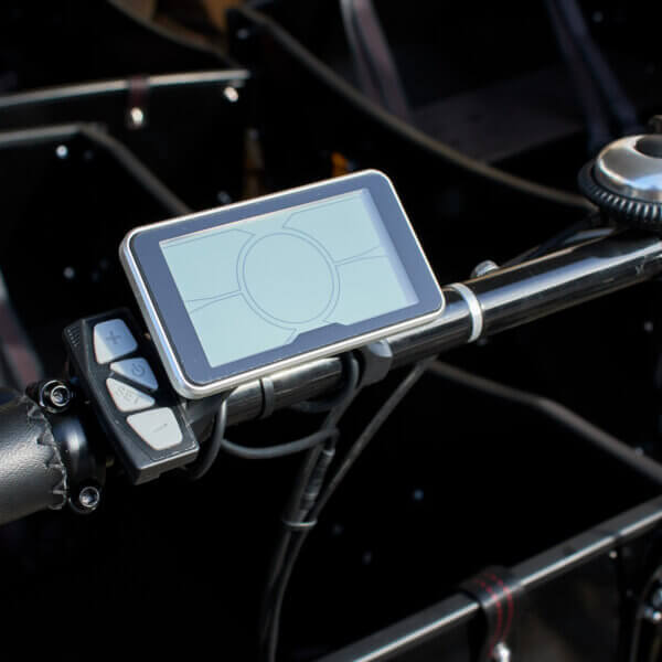 Close up shot of the Amcargobike Curve Dog Friendly model in black, showing the LCD display. 