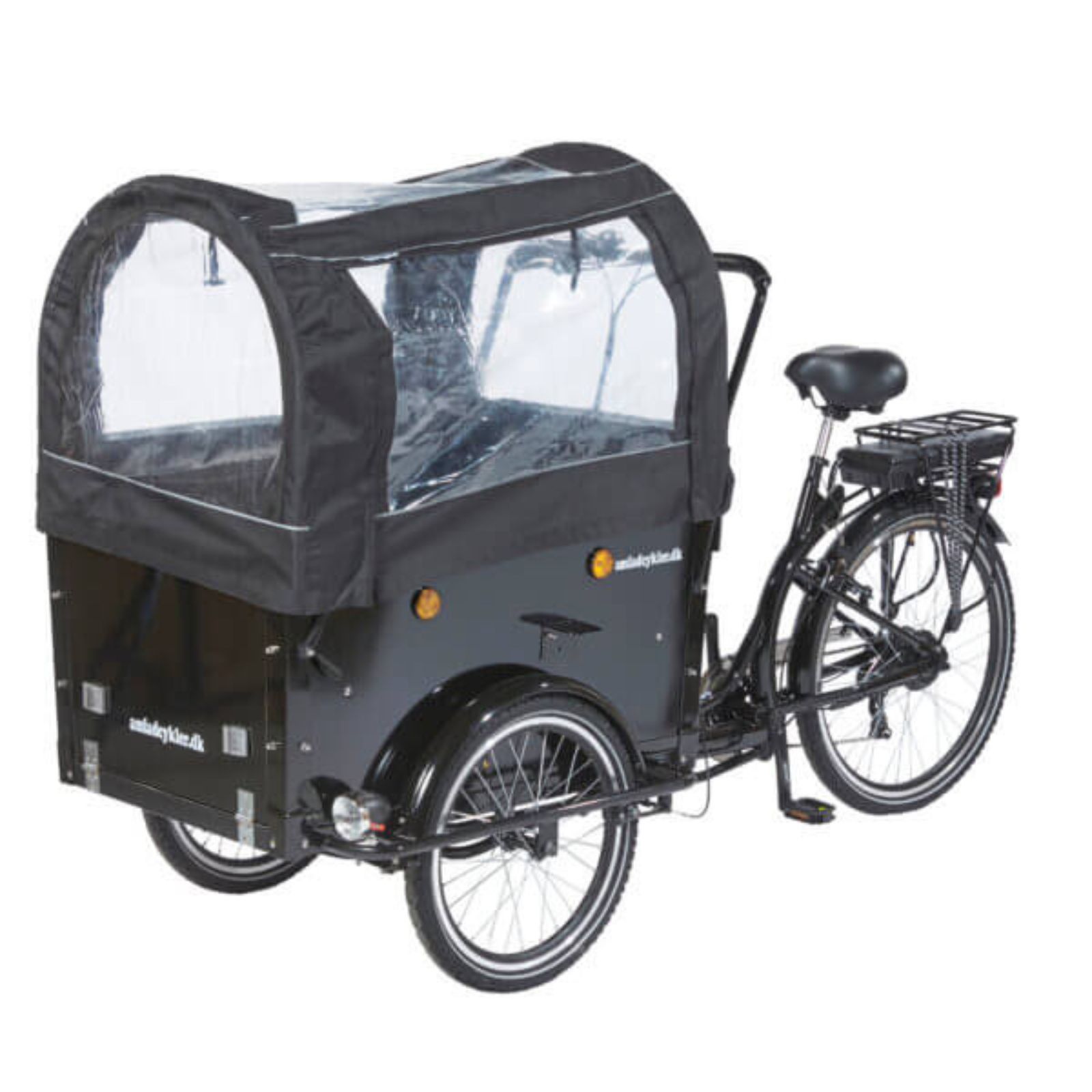 Product shot of the Amcargobike Curve Dog Friendly model, with the transparent panorama canopy attached. 