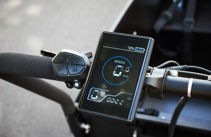 Close up shot of the Amcargobike Ultimate Curve in black, showing the colour LCD display.