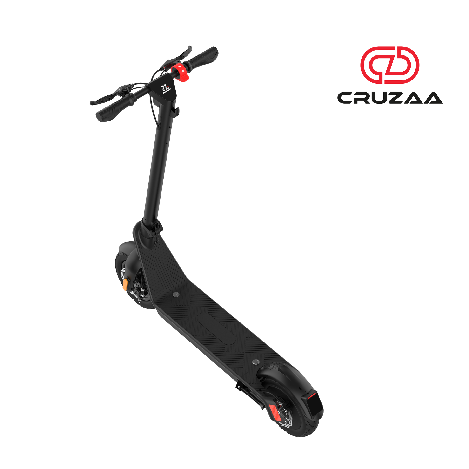 The Commuta Pro Max - In its standing position and shown looking from down above, with the Cruzaa logo in the top right.