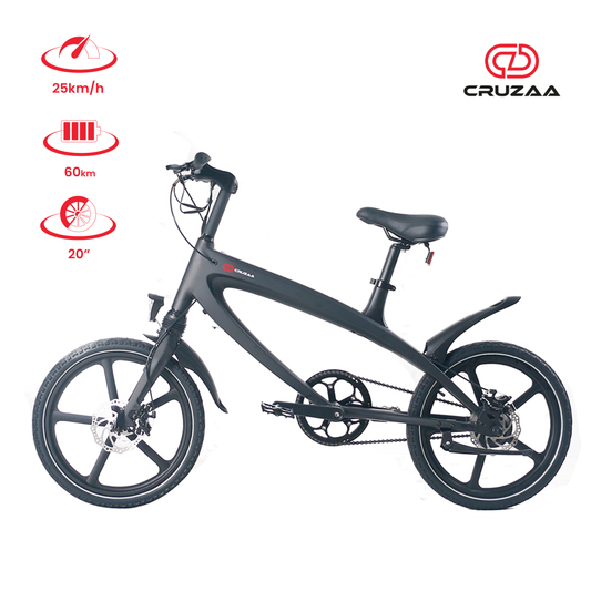 The Cruzaa E-Bike in Carbon Black, displayed with the Cruzaa logo and specification icons.