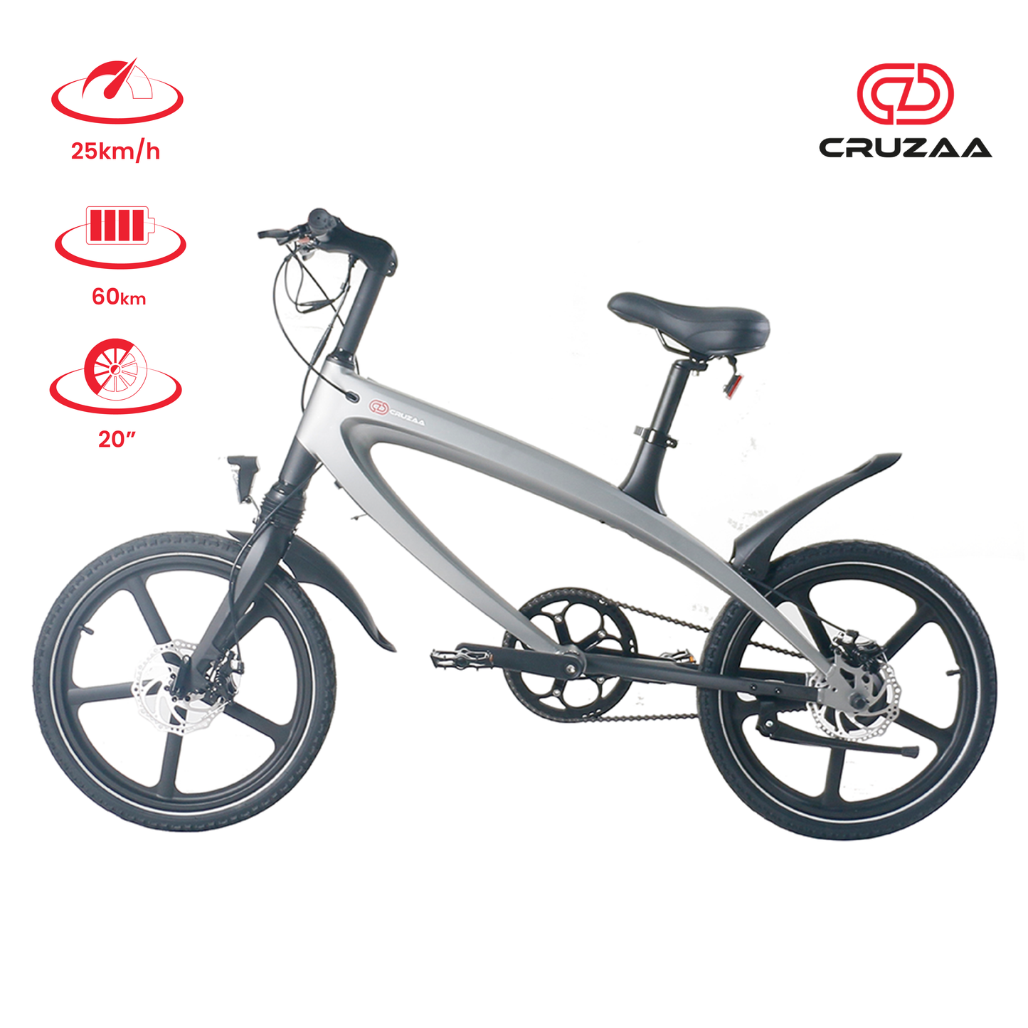 The Cruzaa E-Bike in Gunmetal Grey, displayed with the Cruzaa logo and specification icons.