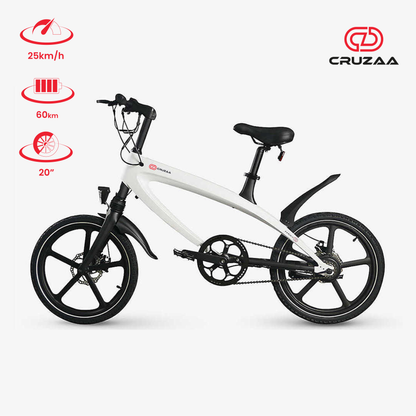 The Cruzaa E-Bike in Racing White, displayed with the Cruzaa logo and specification icons.