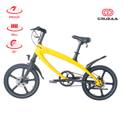 The Cruzaa E-Bike in Solarbeam Yellow, displayed with the Cruzaa logo and specification icons.