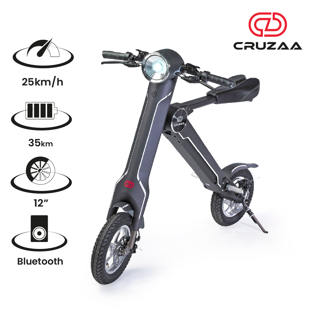 The Cruzaa E-Scooter in Carbon Black - Standing position with the Cruzaa logo and specification icons.