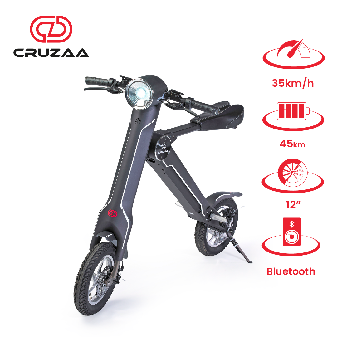 The Cruzaa E-Scooter Pro - Carbon Black colourway with Cruzaa logo and product specification icons. 