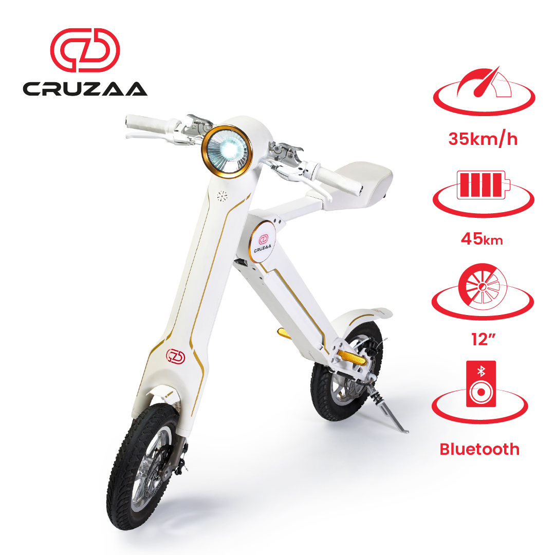 The Cruzaa E-Scooter Pro - Racing White colourway with Cruzaa logo and product specification icons. 