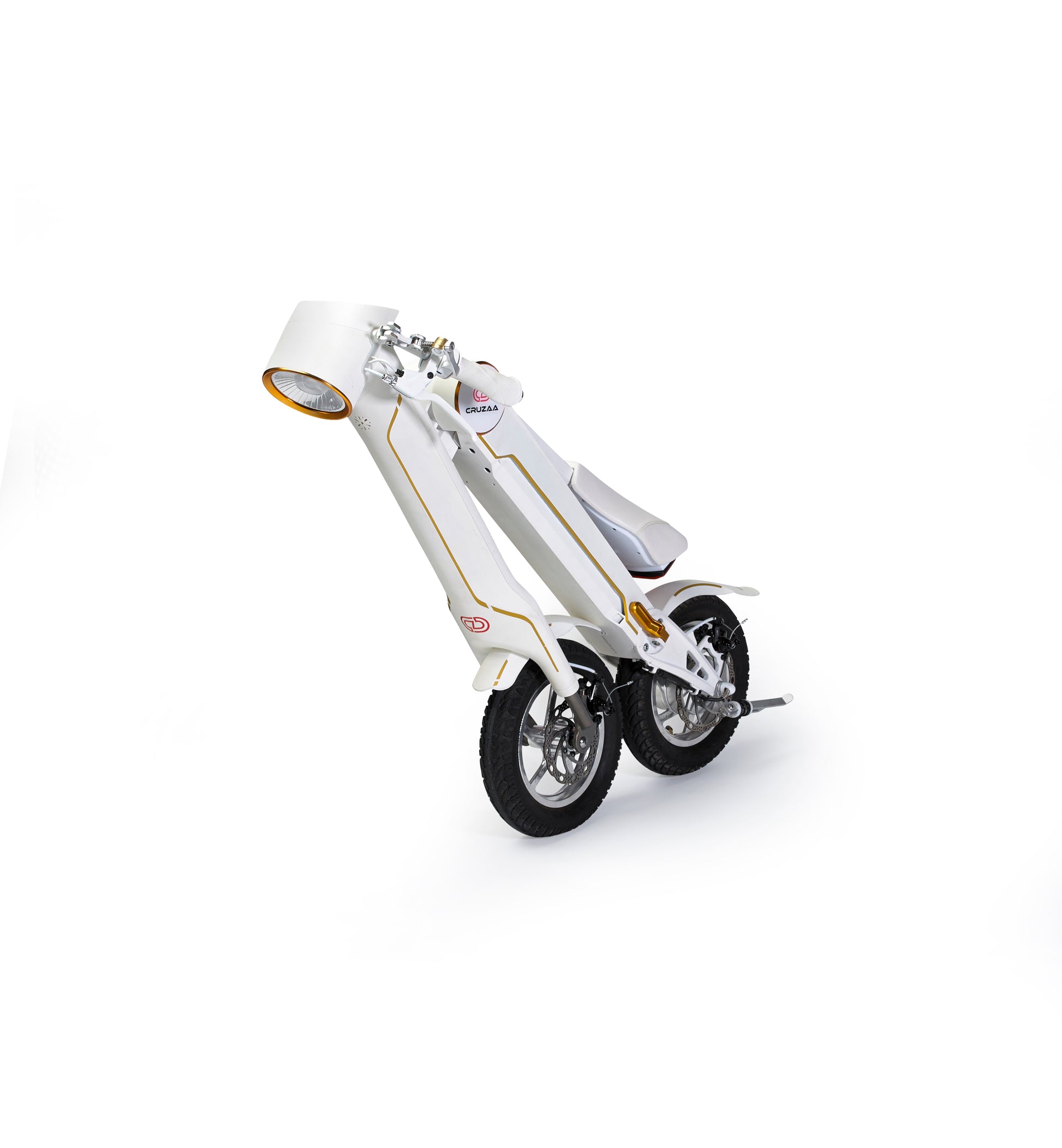 The Cruzaa E-Scooter in Racing White - In its folded position.