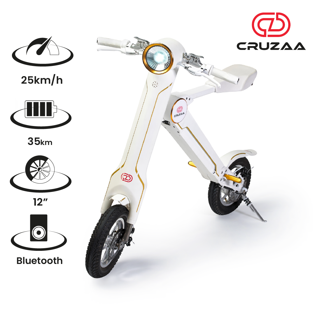 The Cruzaa E-Scooter in Racing White - Standing position with the Cruzaa logo and specification icons.