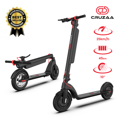 The Commuta Scooter - Main product picture displaying it in standing and folded position, with specification icons. 