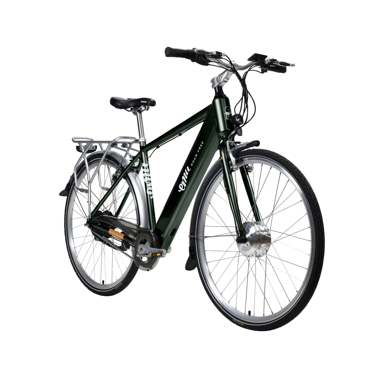 Product shot of the Emu Classic Crossbar Electric Bike in Racing Green, shown from the front angle. 