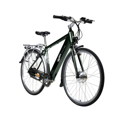 Product shot of the Emu Classic Crossbar Electric Bike in Racing Green, shown from the front angle. 