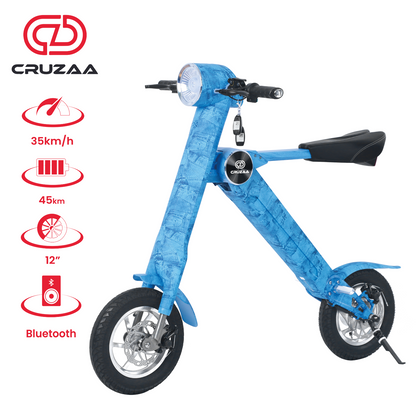 The Cruzaa E-Scooter Pro in the limited edition Demin Blue colourway, standing with the Cruzaa logo and specification icons.