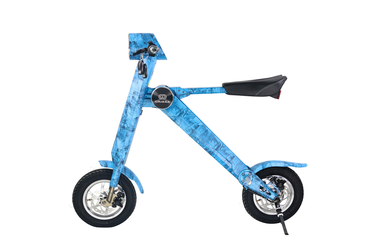 The Cruzaa E-Scooter Pro in the limited edition Denim Blue colourway, standing and viewed from the side.