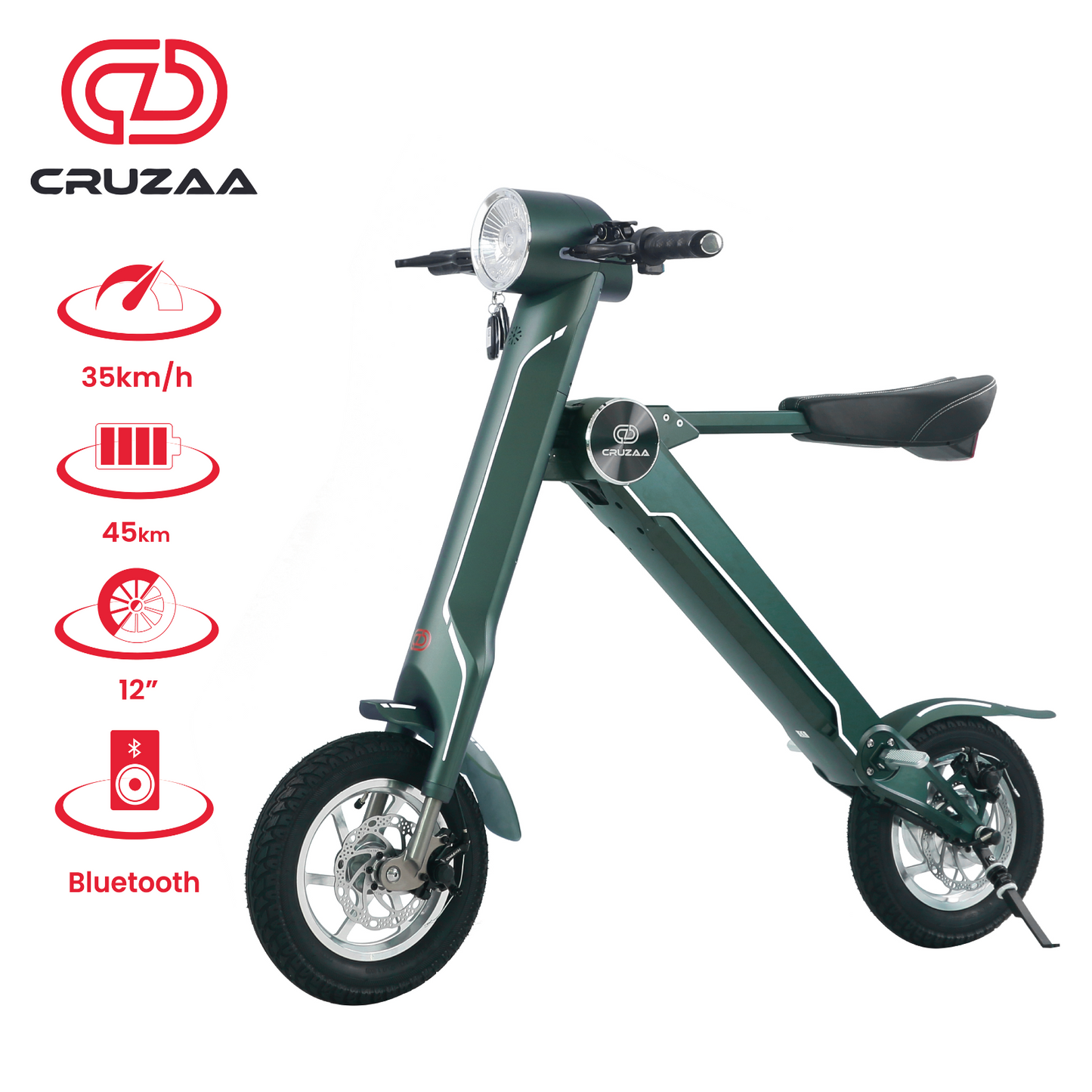 The Cruzaa E-Scooter Pro in the limited edition Magno Green colourway, standing with the Cruzaa logo and specification icons.