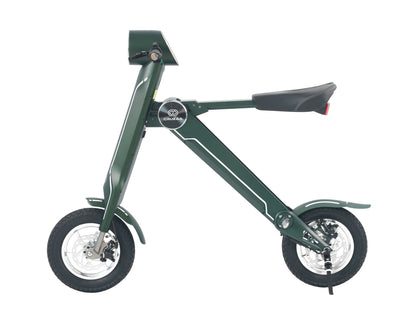 The Cruzaa E-Scooter Pro in the limited edition Magno Green colourway, standing and viewed from the side.