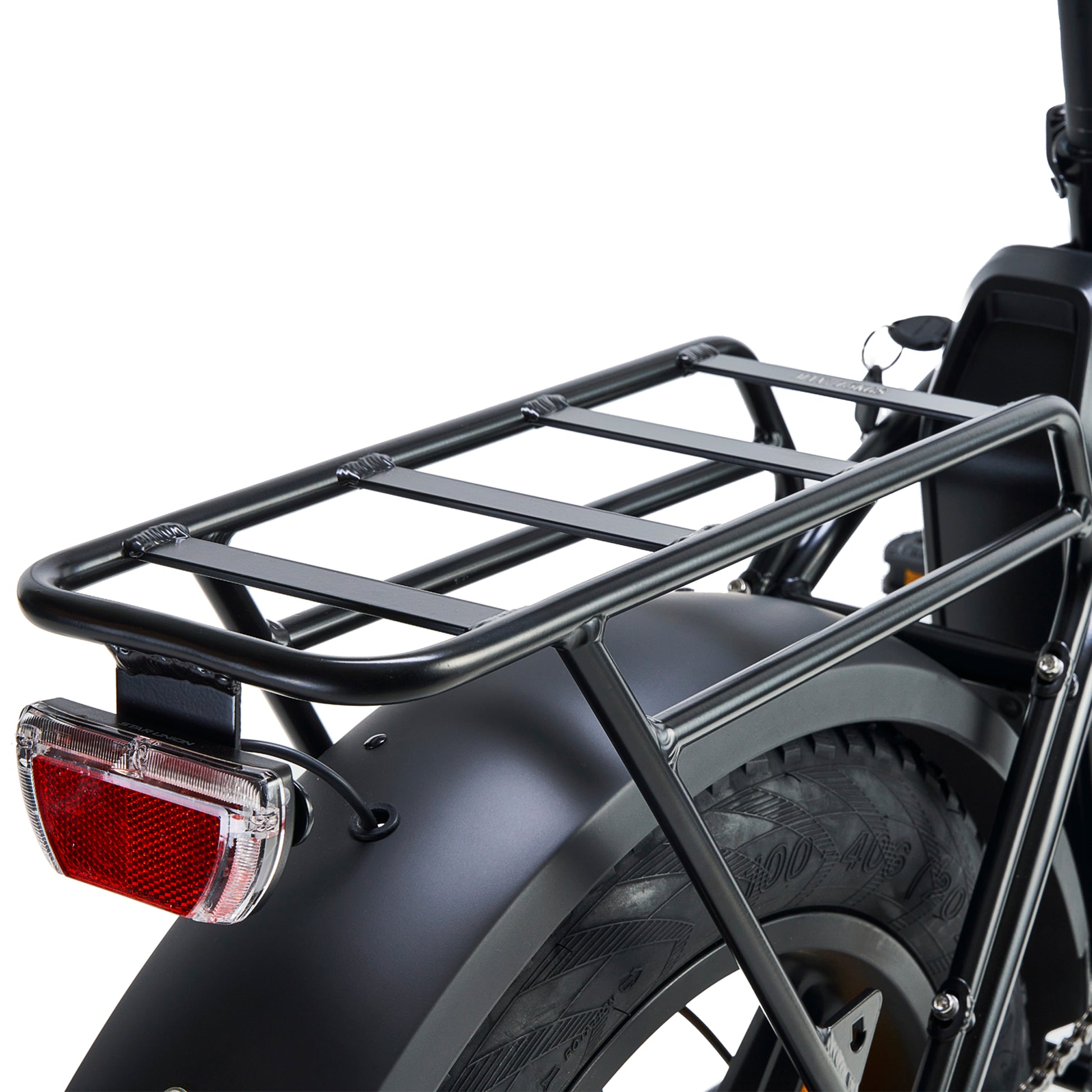 Close up product shot of the Vester Foldable model in Onyx Black, showing its rear carrier tray and rear light. 