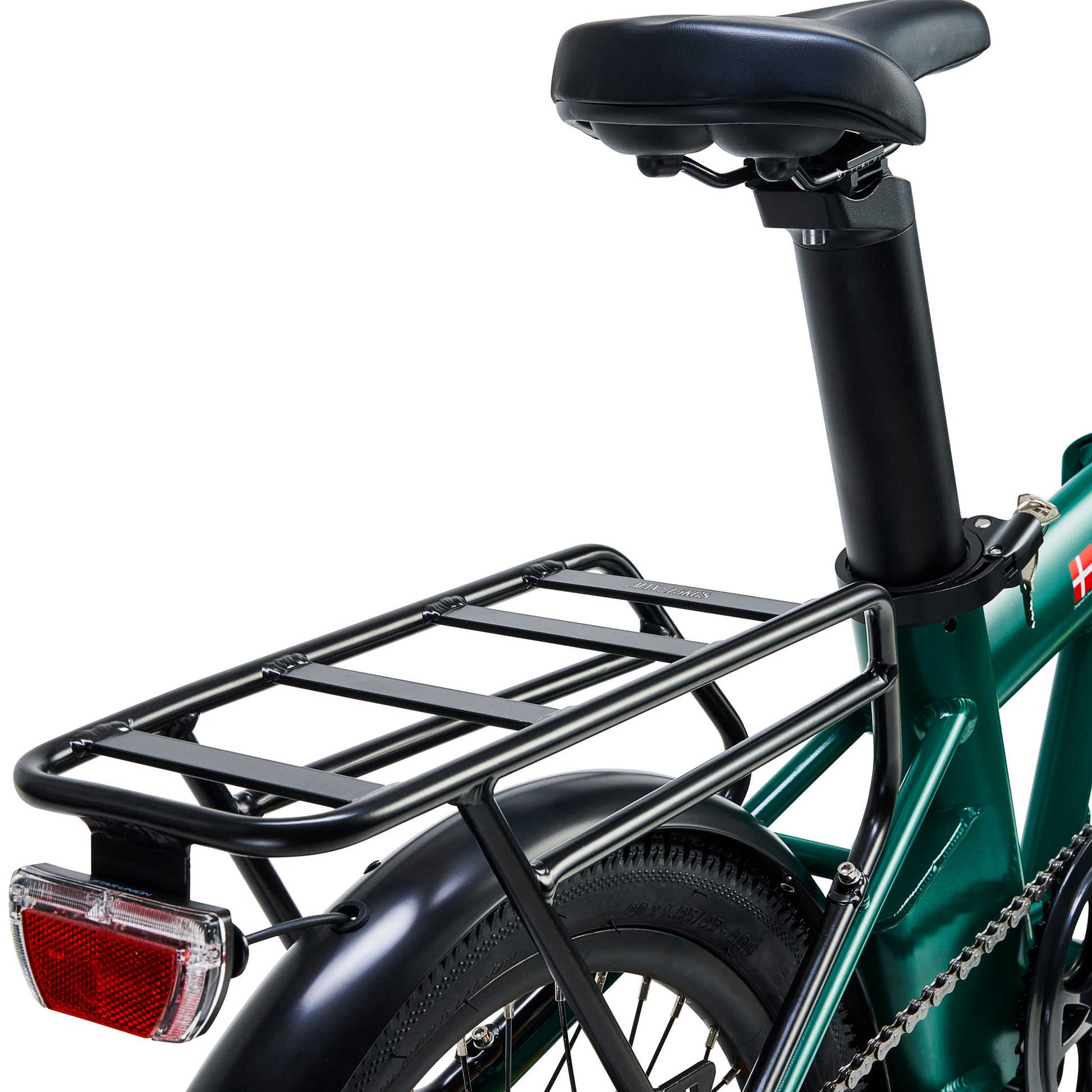 Close up product shot of the Virum Foldable model in British Racing Green, showing the rear carrier tray and rear light.
