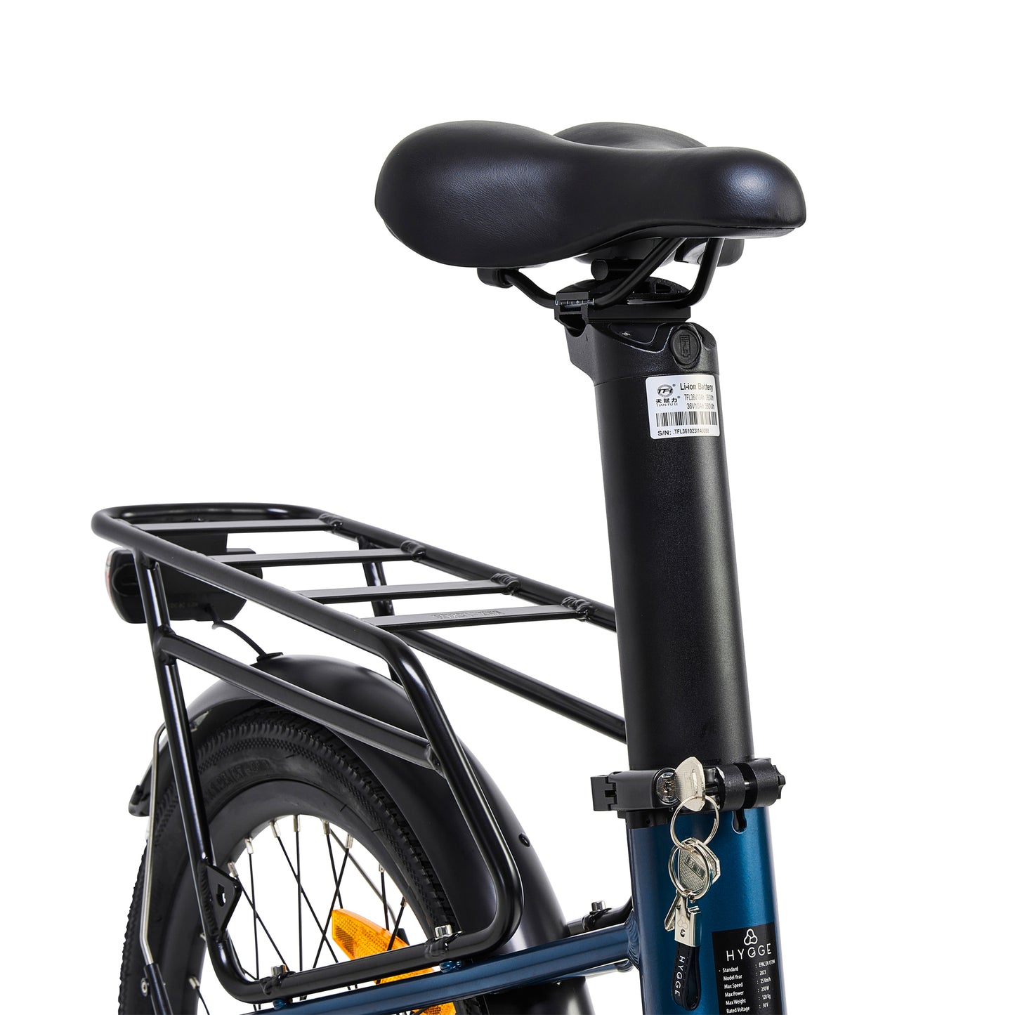 Close up product shot of the Virum Step model in Navy Blue, showing the rear carrier tray, saddle and battery integrated into the seat post.