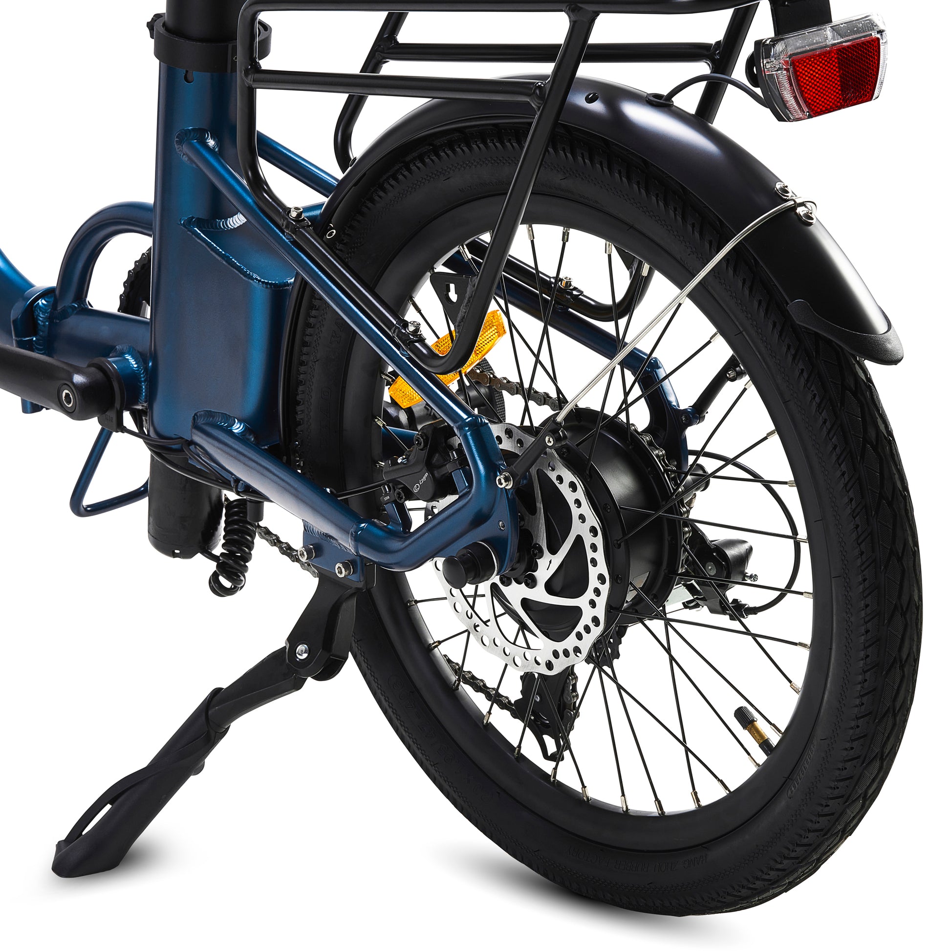 Close up product shot of the Virum Step model in Navy Blue, showing the rear tyre and hydraulic disc brake.