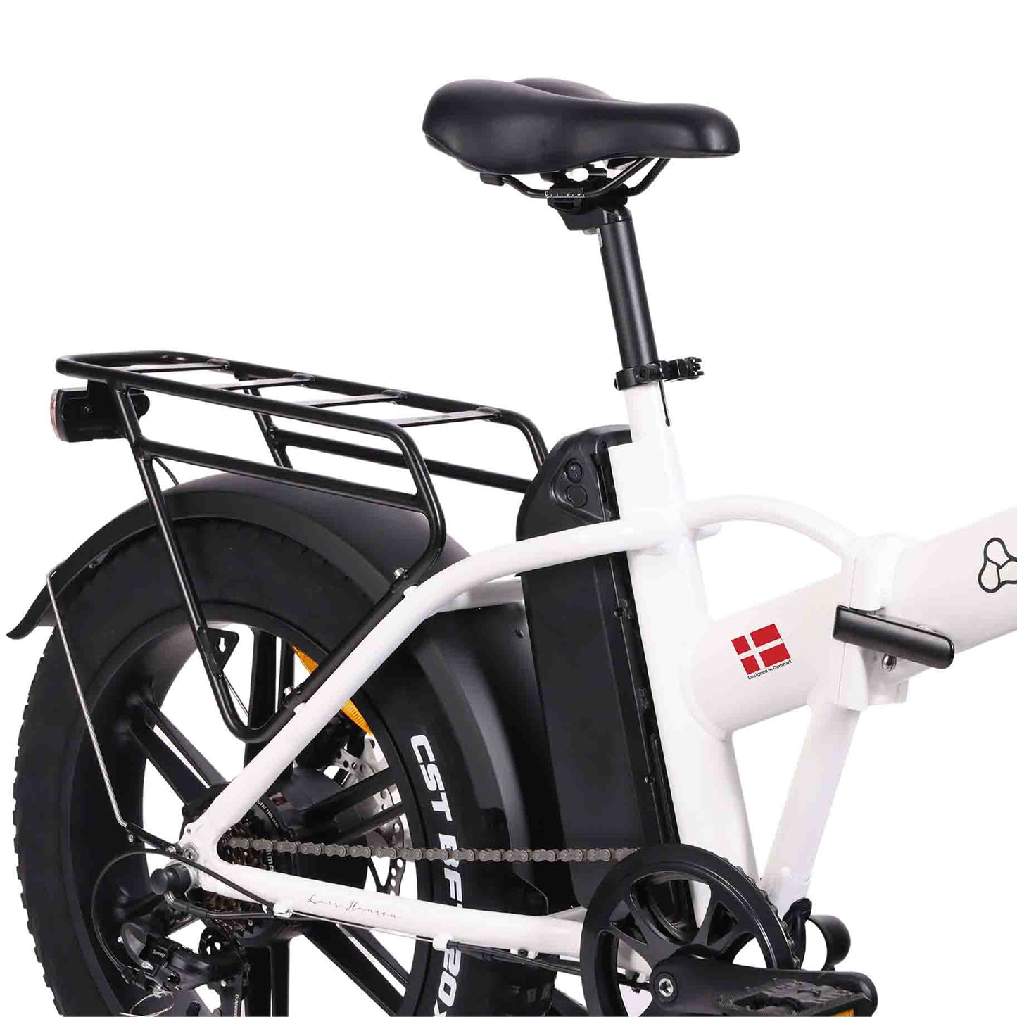 Close up product shot of the Vester Foldable model in Heron White, showing its rear carrier tray and seat. 